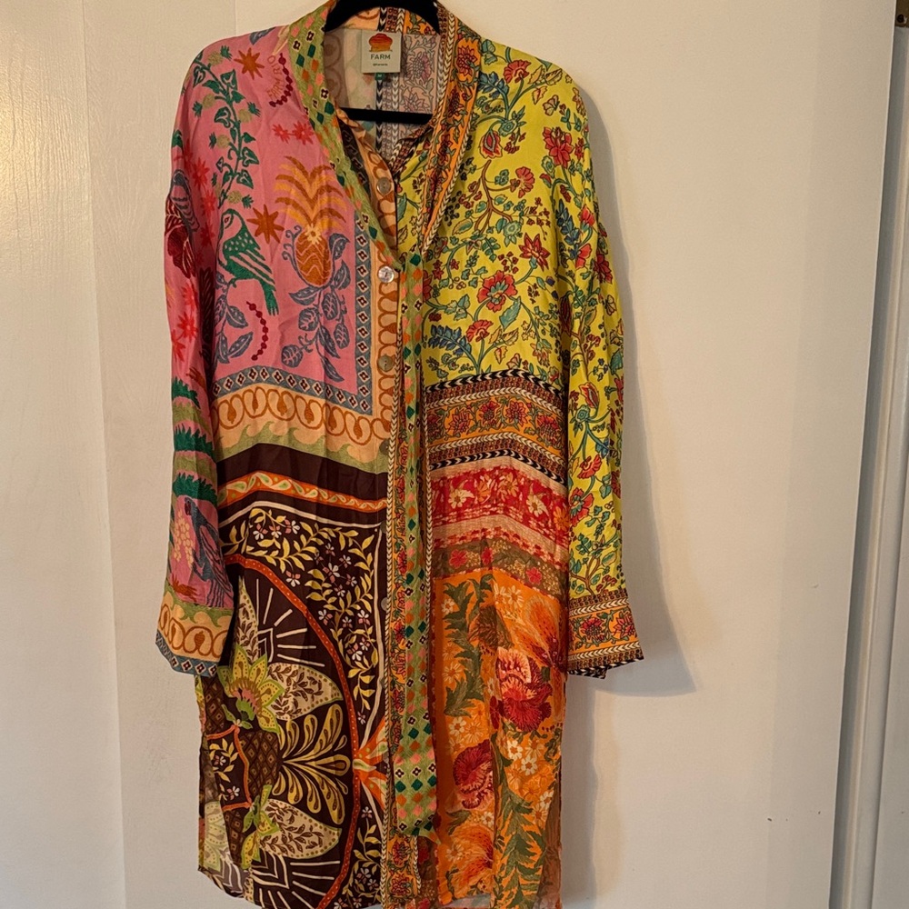 Mixed print silk oversized shirt dress with collar tie - very unique!